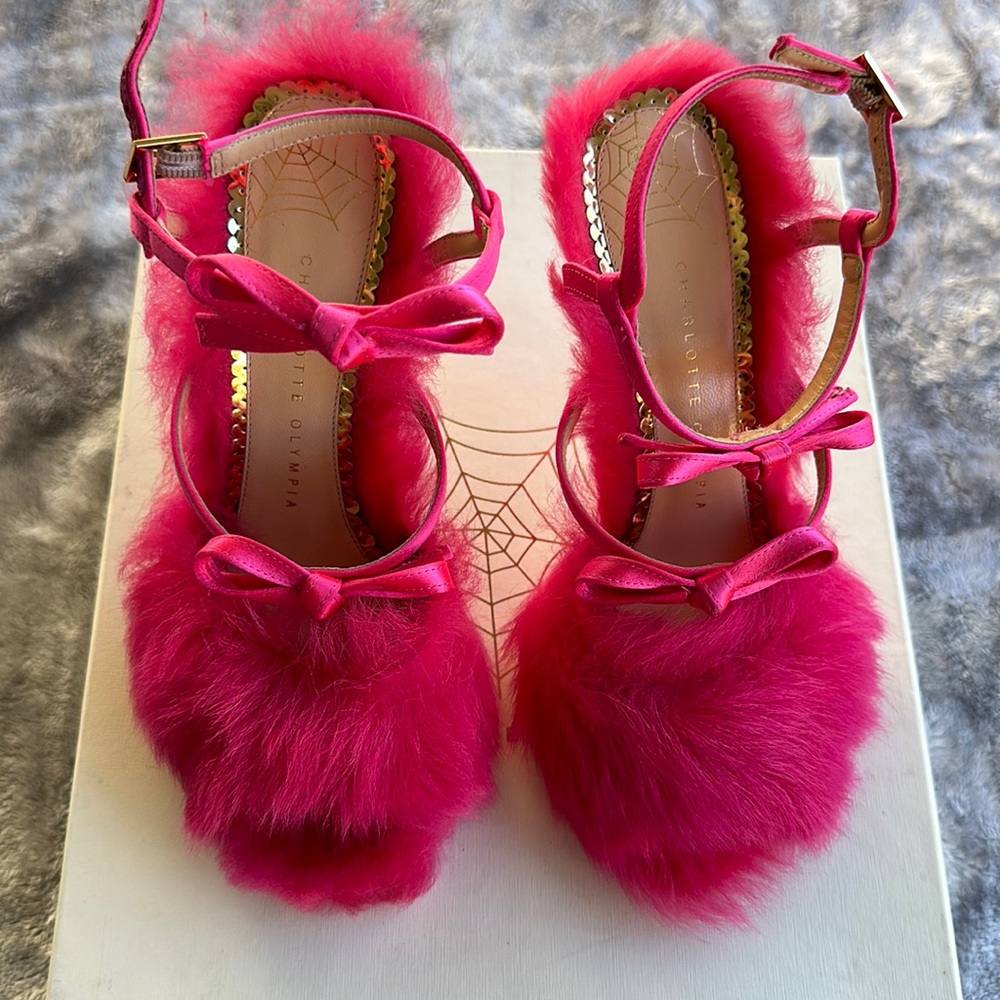 Charlotte Olympia Caress Me Sandals Hot Pink Sheep Skin Heels Brand New Size 7.5